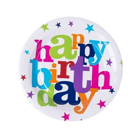 Set 6 Farfurii Unica Folosinta, Vivimall, Imprimeu Happy Birthday, din Carton, Diametru 18 cm, Multicolor - vivimall.ro