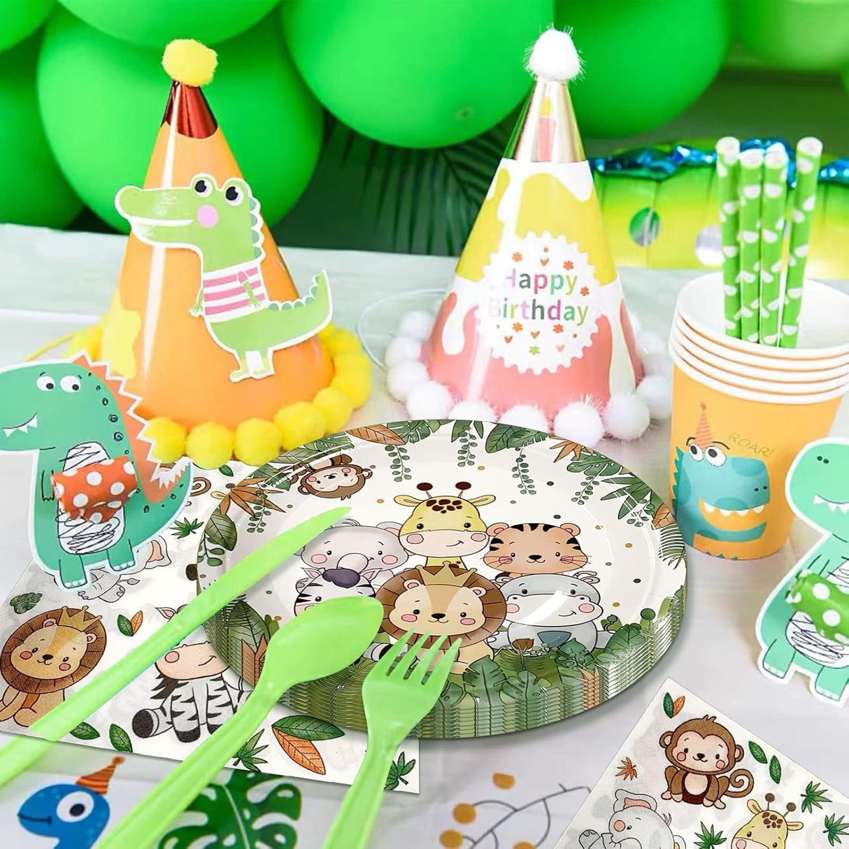 Set 10 Farfurii Unica Folosinta, Vivimall, Imprimeu Jungle, din Carton, 17 cm, Verde - vivimall.ro