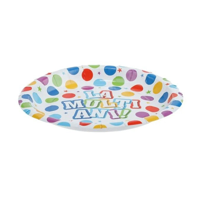 Set 10 Farfurii Unica Folosinta, Vivimall, Imprimeu La Multi Ani, din Carton, Diametru 17 cm, Multicolor - vivimall.ro