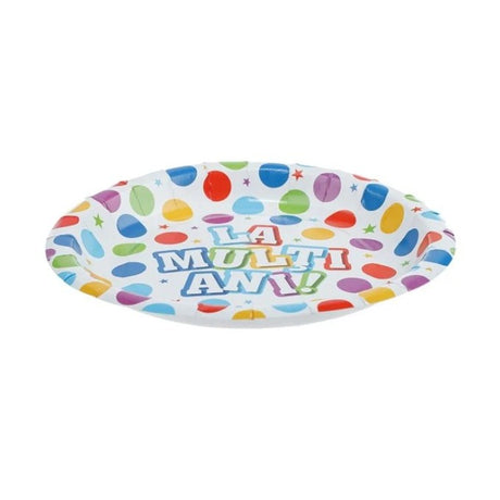 Set 10 Farfurii Unica Folosinta, Vivimall, Imprimeu La Multi Ani, din Carton, Diametru 17 cm, Multicolor - vivimall.ro