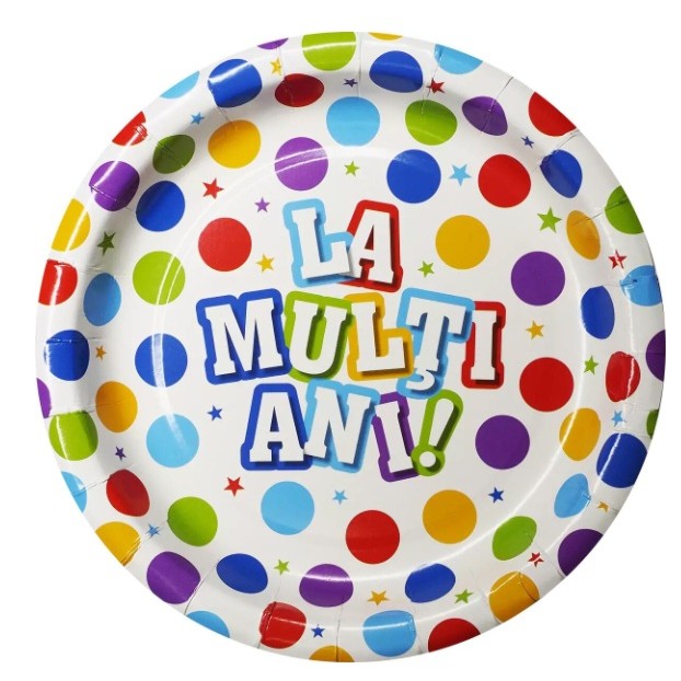 Set 10 Farfurii Unica Folosinta, Vivimall, Imprimeu La Multi Ani, din Carton, Diametru 17 cm, Multicolor - vivimall.ro