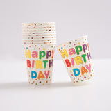 Set 10 Pahare, Vivimall, Imprimeu Happy Birthday, din Carton, 250 ml, 7.5 x 8.5 cm, Multicolor - vivimall.ro