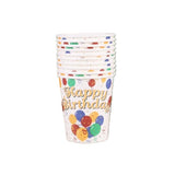 Set 10 Pahare, Vivimall, Imprimeu Happy Birthday, Baloane din Carton, 230 ml, 7.5 x 8.6 cm, Multicolor - vivimall.ro