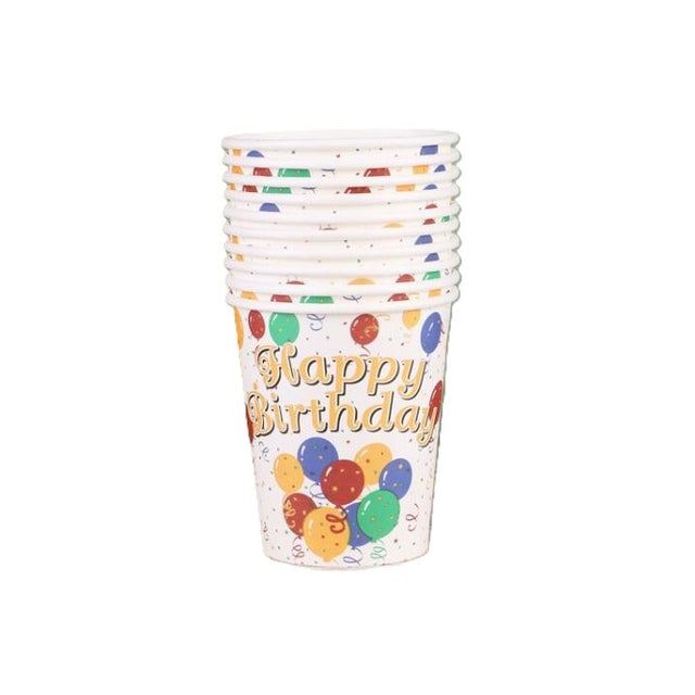 Set 10 Pahare, Vivimall, Imprimeu Happy Birthday, Baloane din Carton, 230 ml, 7.5 x 8.6 cm, Multicolor - vivimall.ro