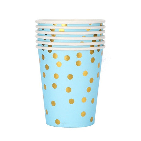 Set 10 Pahare, Vivimall, Imprimeu cu Buline, din Carton, 250 ml, 7.5 x 8.5 x 5.2 cm, Albastru/Auriu - vivimall.ro