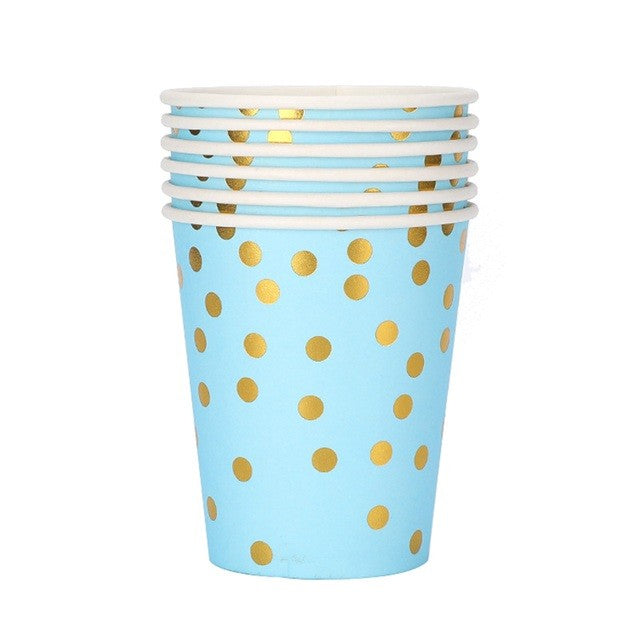 Set 10 Pahare, Vivimall, Imprimeu cu Buline, din Carton, 250 ml, 7.5 x 8.5 x 5.2 cm, Albastru/Auriu - vivimall.ro