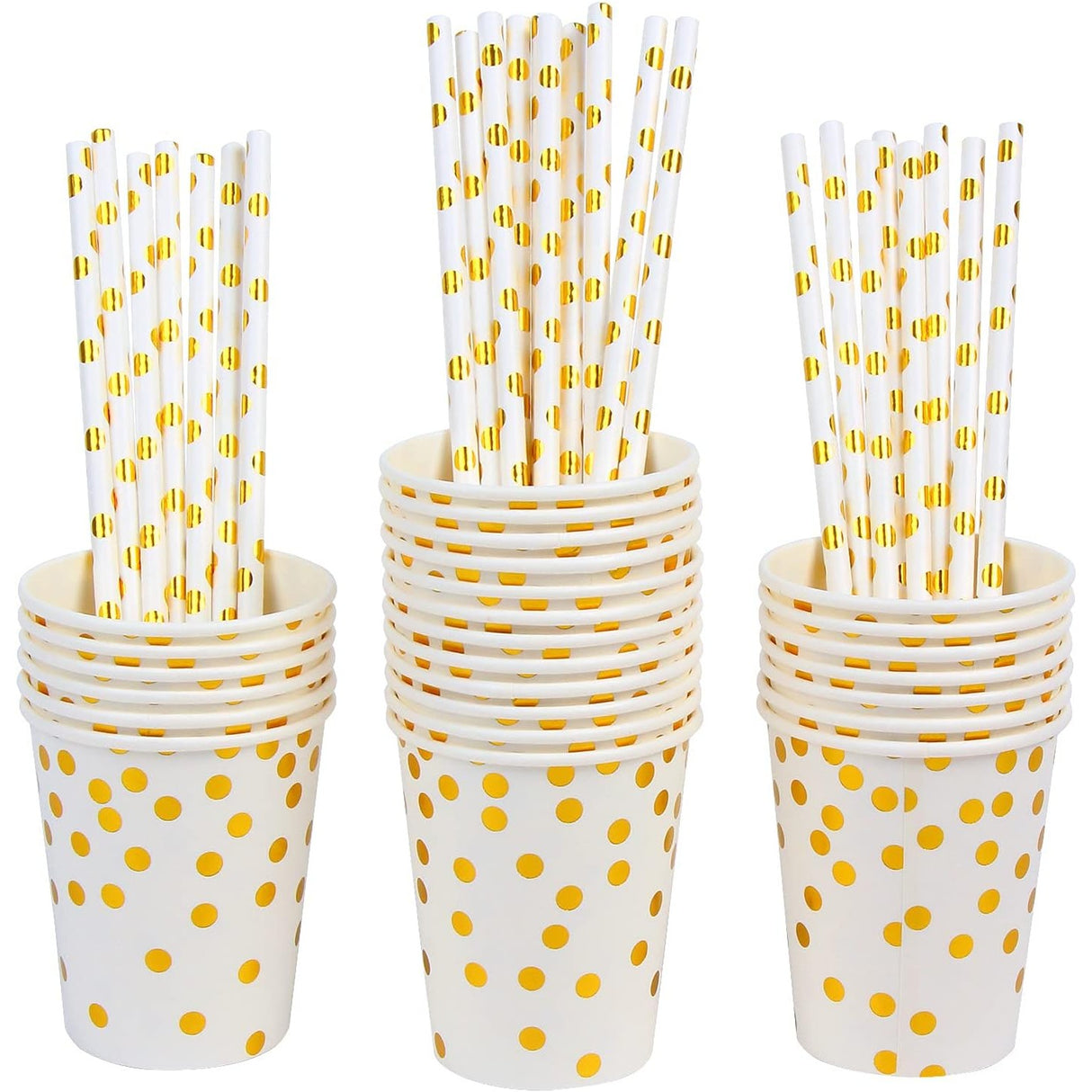 Set 10 Pahare, Vivimall, Imprimeu cu Buline, din Carton, 250 ml, 7.5 x 8.5 x 5.2 cm, Auriu - vivimall.ro