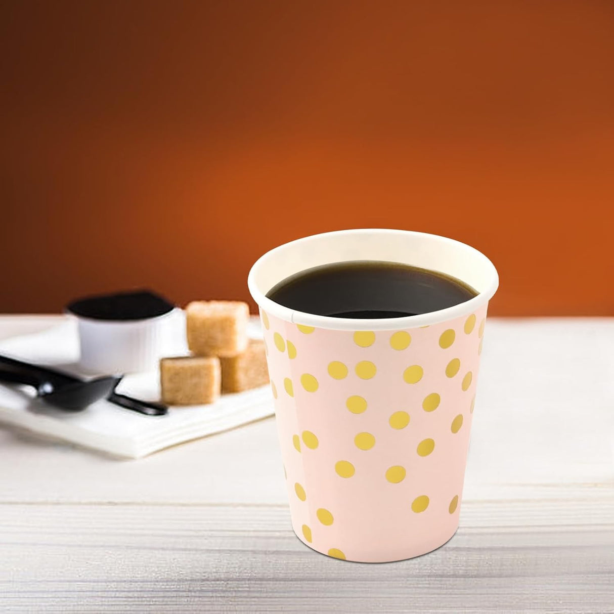 Set 10 Pahare, Vivimall, Imprimeu cu Buline, din Carton, 250 ml, 7.5 x 8.5 x 5.2 cm, Roz/Auriu - vivimall.ro