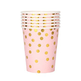 Set 10 Pahare, Vivimall, Imprimeu cu Buline, din Carton, 250 ml, 7.5 x 8.5 x 5.2 cm, Roz/Auriu - vivimall.ro