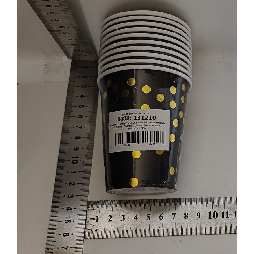 Set 10 Pahare, Vivimall, Imprimeu cu Buline, din Carton, 250 ml, 7 x 8.5 x 5 cm, Negru/Auriu - vivimall.ro