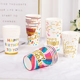 Set 10 Pahare, Vivimall, Imprimeu Happy Birthday Baloane, din Carton, 250 ml, 7.5 x 8.5 x 5.2 cm, Multicolor - vivimall.ro