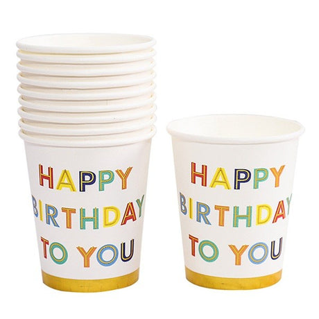 Set 10 Pahare, Vivimall, Imprimeu Happy Birthday to You, din Carton, 250 ml, 7.5 x 8.5 x 5.2 cm, Multicolor - vivimall.ro