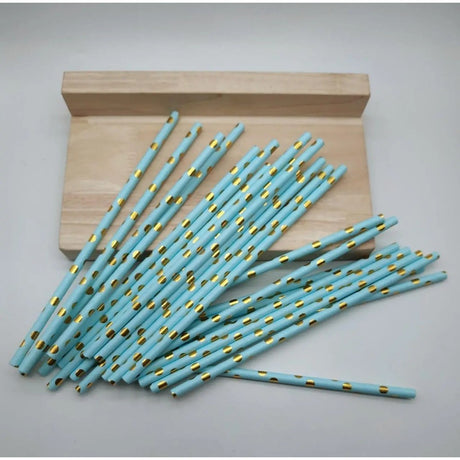 Set 10 Paie, Vivimall, din Hartie, 19.5 cm, Model cu Buline Aurii, Albastru - vivimall.ro