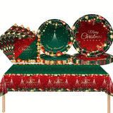 Set 119 Piese, Vivimall, pentru Masa de Craciun, Farfurii 18 cm, Farfurii 23 cm, Pahare, Servetele, Tacamuri, Fata de Masa, Ghirlanda, Paie, Rosu/Verde - vivimall.ro