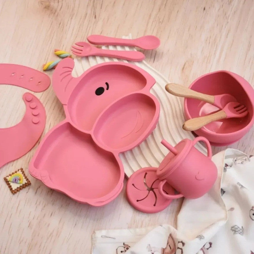 Комплект бебешки прибори за хранене от 10 части с шарка на слон | BabyFeast