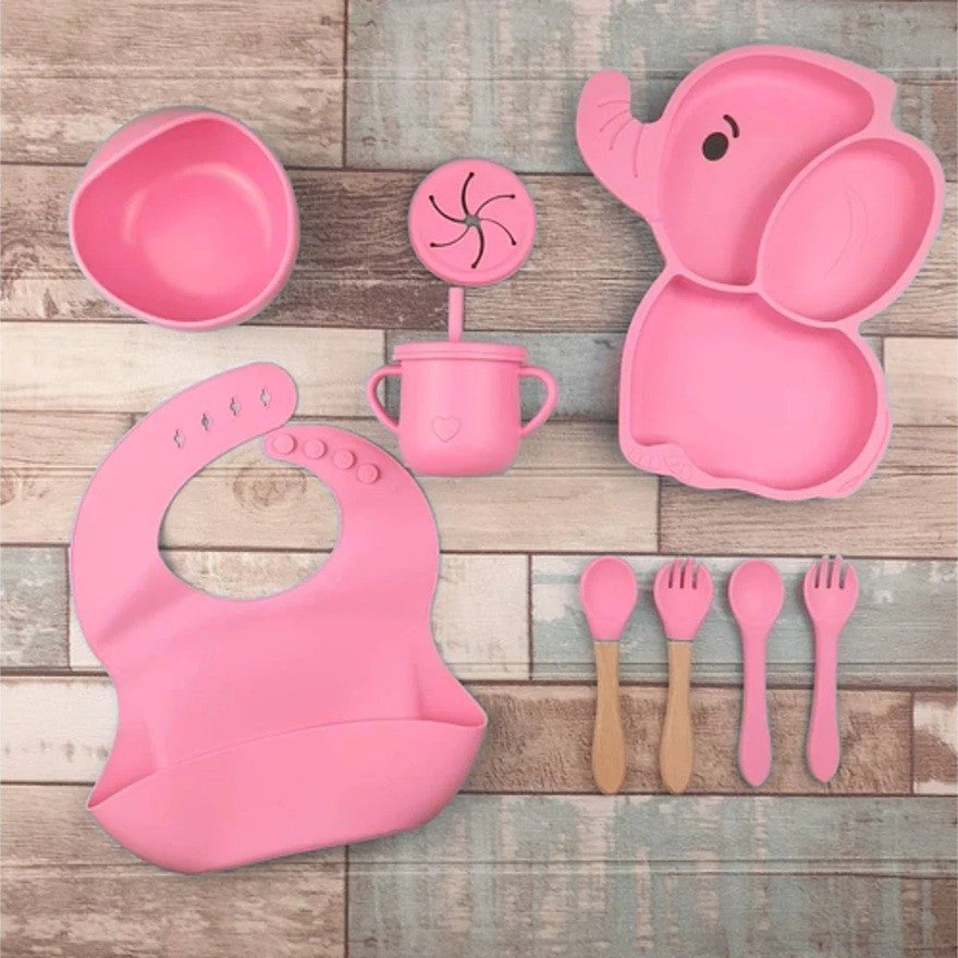 Комплект бебешки прибори за хранене от 10 части с шарка на слон | BabyFeast