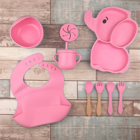 Комплект бебешки прибори за хранене от 10 части с шарка на слон | BabyFeast