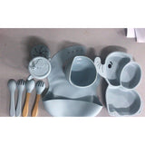Set 10 Piese Servire Masa. Vivimall, pentru Bebelusi si Copii, din Silicon/Lemn, cu Ventuze Anti-alunecare, fara Alergeni. +6 Luni, Model Elefant, Albastru Deschis - vivimall.ro