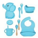 Комплект бебешки прибори за хранене от 10 части с шарка на слон | BabyFeast