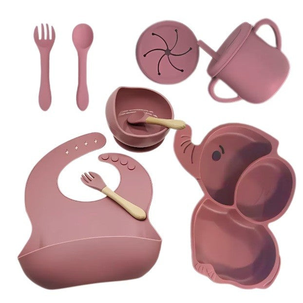 Set 10 Piese Servire Masa. Vivimall, pentru Bebelusi si Copii, din Silicon/Lemn, cu Ventuze Anti-alunecare, fara Alergeni. +6 Luni, Model Elefant, Maro - vivimall.ro