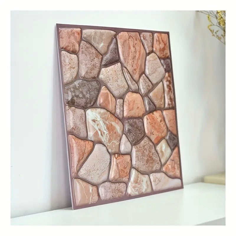 Set 10 Placi Tapet 3D, 30 X 30 Cm, Din Pvc, Tip Piatra, Suprafata Acoperita 0.9 Mp, Autoadeziv, Caramiziu - vivimall.ro
