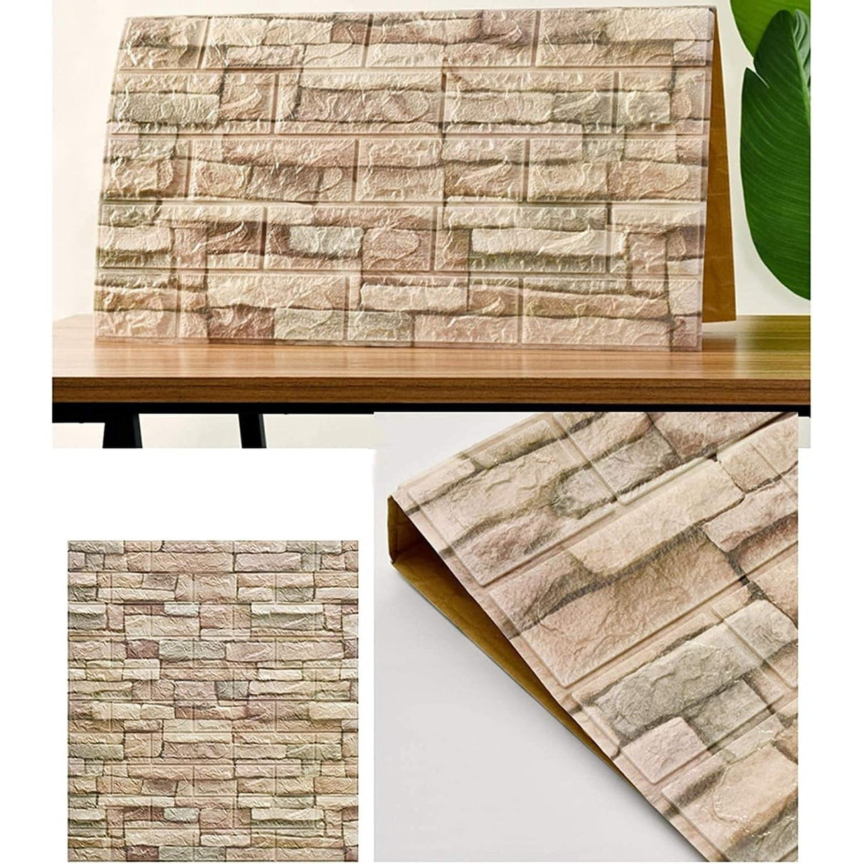 Set 10 Placi Tapet 3D, Vivimall, 35 x 38 cm, Grosime 3 mm, din Polietilena, Model Caramida, Suprafata acoperita 1.33 mp, Piatra Galbena - vivimall.ro