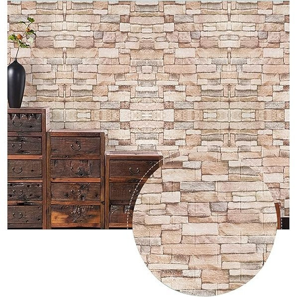 Set 10 Placi Tapet 3D, Vivimall, 35 x 38 cm, Grosime 3 mm, din Polietilena, Model Caramida, Suprafata acoperita 1.33 mp, Piatra Galbena - vivimall.ro