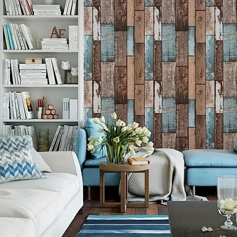 Set 10 Placi Tapet 3D, Vivimall, 70 x 70 cm, Grosime 3 mm, din Rasina, Tip Placi de Lemn, Suprafata Acoperita 4.9 mp, Gri/Albastru - vivimall.ro