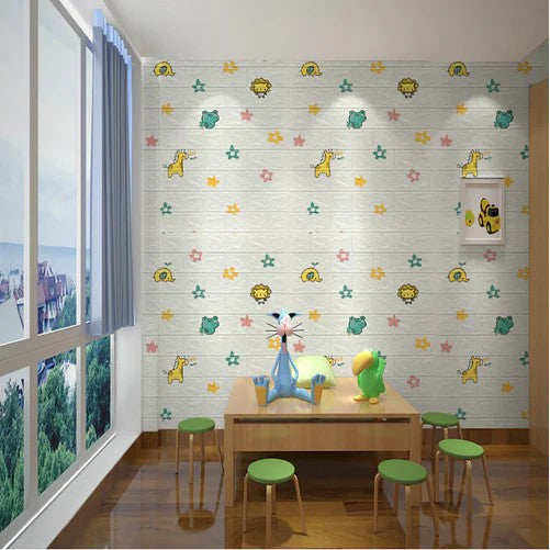 Set 10 Placi Tapet 3D, Vivimall, 70 x 77 cm, Grosime 3 mm, din Polietilena, Tip Caramida, Model Animalute si Floricele, Suprafata acoperita 5.3 mp, Alb - vivimall.ro