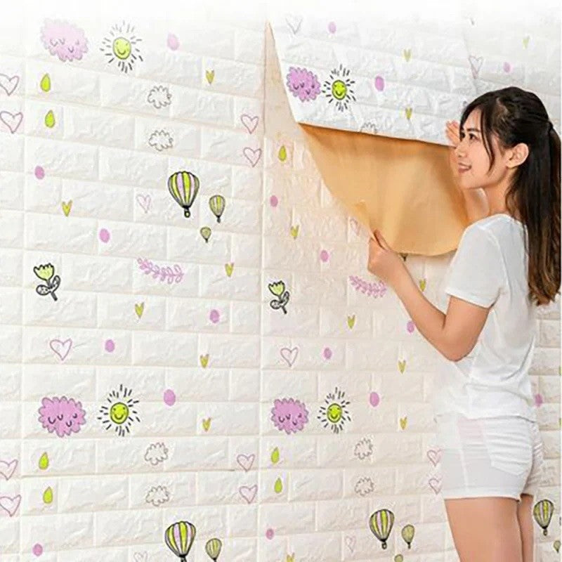 Set 10 Placi Tapet 3D, 70 X 77 Cm, Grosime 3 Mm, Din Polietilena, Tip Caramida, Model Cu Baloane, Suprafata Acoperita 5.3 Mp, Alb - vivimall.ro