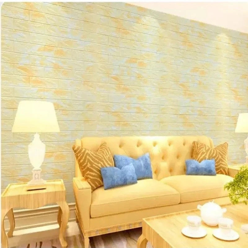 Set 10 Placi Tapet 3D, Vivimall, 70 x 77 cm, Grosime 3 mm, din Polietilena, Model Caramida, Suprafata acoperita 5.3 mp, Marmura Galbena - vivimall.ro