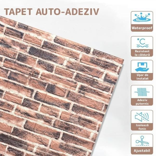 Set 10 Placi Tapet 3D, Vivimall, 70 x 77 cm, Grosime 3 mm, din Polietilena, Model Caramida, Suprafata acoperita 5.3 mp, Caramida Rosie - vivimall.ro