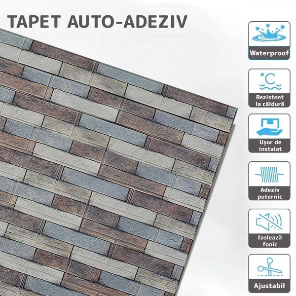 Set 10 Placi Tapet 3D, Vivimall, 70 x 77 cm, Grosime 3 mm, din Polietilena, Model Caramida, Suprafata acoperita 5.3 mp, Piatra Colorata - vivimall.ro