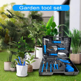 Set 10 Unelte de Gradina, Vivimall, pentru Plantare Prelucrare Sol si Ingrijire Plante, Manere Albastre, Material PVC si Otel Inoxidabil, Cutie Inclusa, 37x28x7 cm, Negru - vivimall.ro