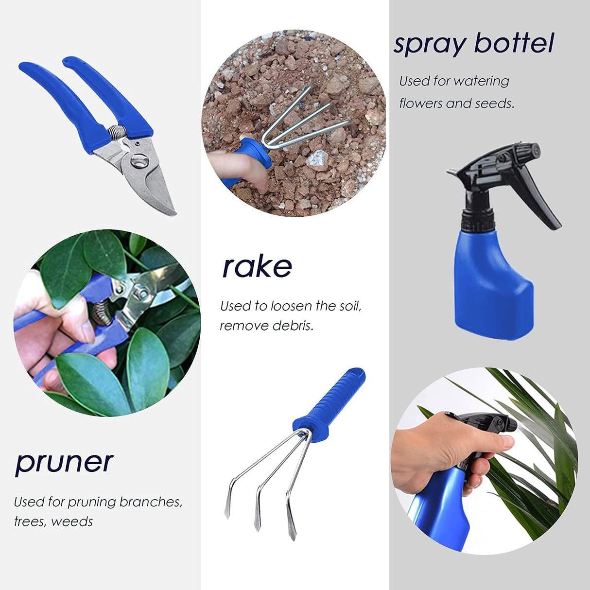 Set 10 Unelte de Gradina, Vivimall, pentru Plantare Prelucrare Sol si Ingrijire Plante, Manere Albastre, Material PVC si Otel Inoxidabil, Cutie Inclusa, 37x28x7 cm, Negru - vivimall.ro