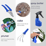 Set 10 Unelte de Gradina, Vivimall, pentru Plantare Prelucrare Sol si Ingrijire Plante, Manere Albastre, Material PVC si Otel Inoxidabil, Cutie Inclusa, 37x28x7 cm, Negru - vivimall.ro