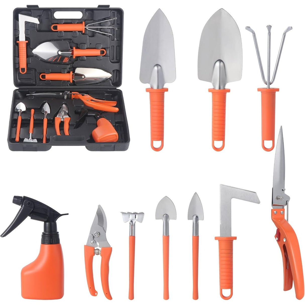Set 10 Unelte De Gradina, Pentru Plantare Prelucrare Sol Si Ingrijire Plante, Manere Portocalii, Material Pvc Si Otel Inoxidabil, Cutie Inclusa, 37X28X7 Cm, Negru - vivimall.ro