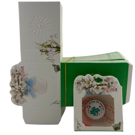 Set 100 Bucati Ambalaje de Carton pentru Martisoare, Vivimall, Cutii Brosa, Model Ghiveci cu Ghiocei, Alb-Verde - vivimall.ro