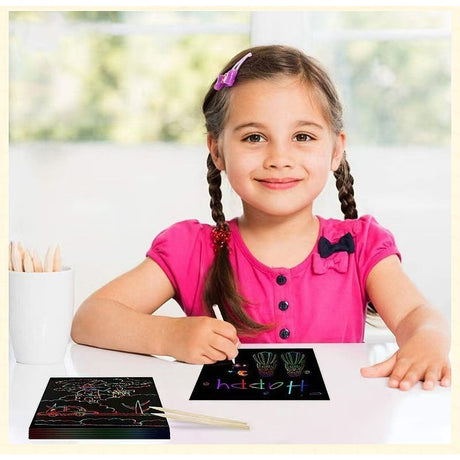 Set 100 de Foi de Hartie de Razuit, Vivimall, cu Creion din Bambus, pentru Desen, 8.5 x 8.5, Curcubeu, Negru - vivimall.ro