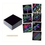 Set 100 de Foi de Hartie de Razuit, Vivimall, cu Creion din Bambus, pentru Desen, 8.5 x 8.5, Curcubeu, Negru - vivimall.ro