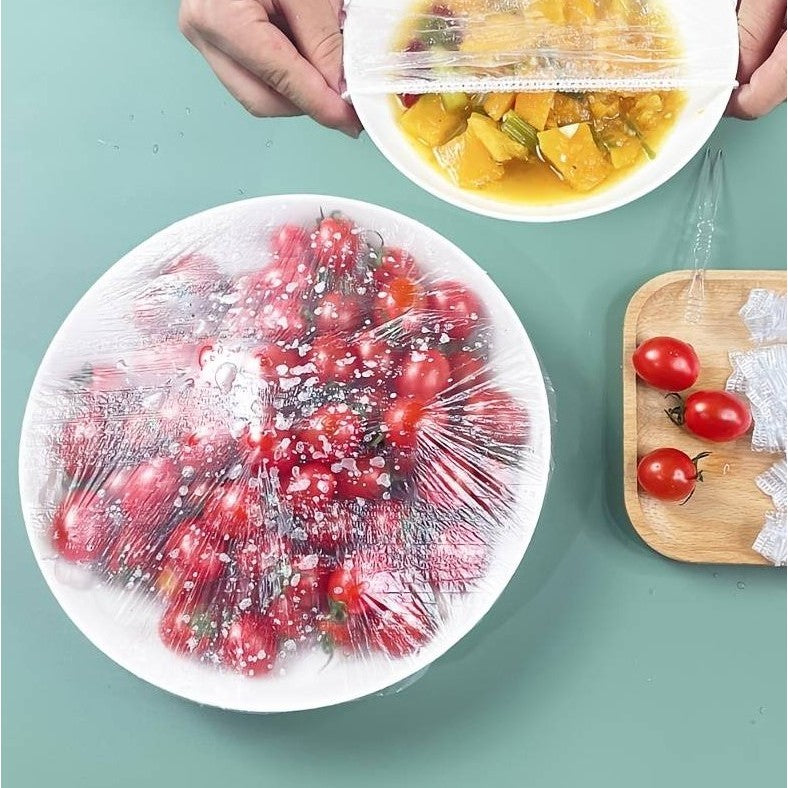 Set 100 Folie de Protectie Elastica pentru Alimente si Boluri Vivimall, material plastic, prospetime, diametrul 12 - 40 cm - vivimall.ro