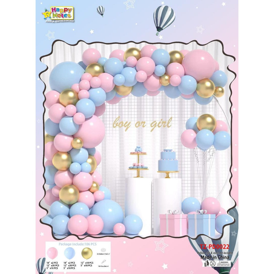 Baloane decorative pentru BABY SHOWER, Vivimall, Arcada Set 106 baloane din latex, Model Petrecere, Baloane Party, 12 cm, 30 cm, 45 cm, Roz, Albastru, Gold - vivimall.ro