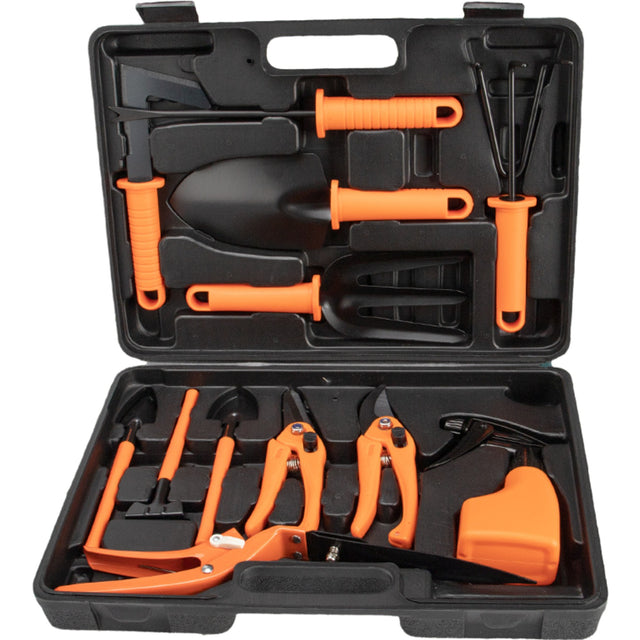 Set 12 accesorii pentru gradinarit Vivimall, geanta depozitare inclusa, otel inoxidabil, 37 x 27 cm, portocaliu - vivimall.ro