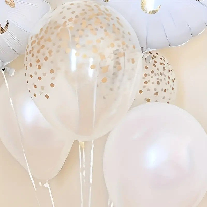 Set 12 Baloane din Folie Metalizata si din Latex, Vivimall, Model Mr Mrs, Tema Nunta, Baloane Party cu Confetti, 45 cm, 30 cm, Pai inclus, Umflare cu Aer sau Heliu, Alb/Auriu - vivimall.ro