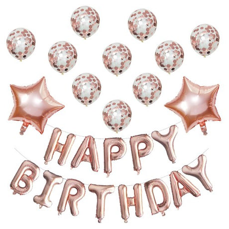 Set 12 Baloane si 1, Set pentru Aniversare, mesaj Happy Birthday, din folie de aluminiu, 30 -45 cm, Cu paiete, latex si folie, Rose Gold - vivimall.ro