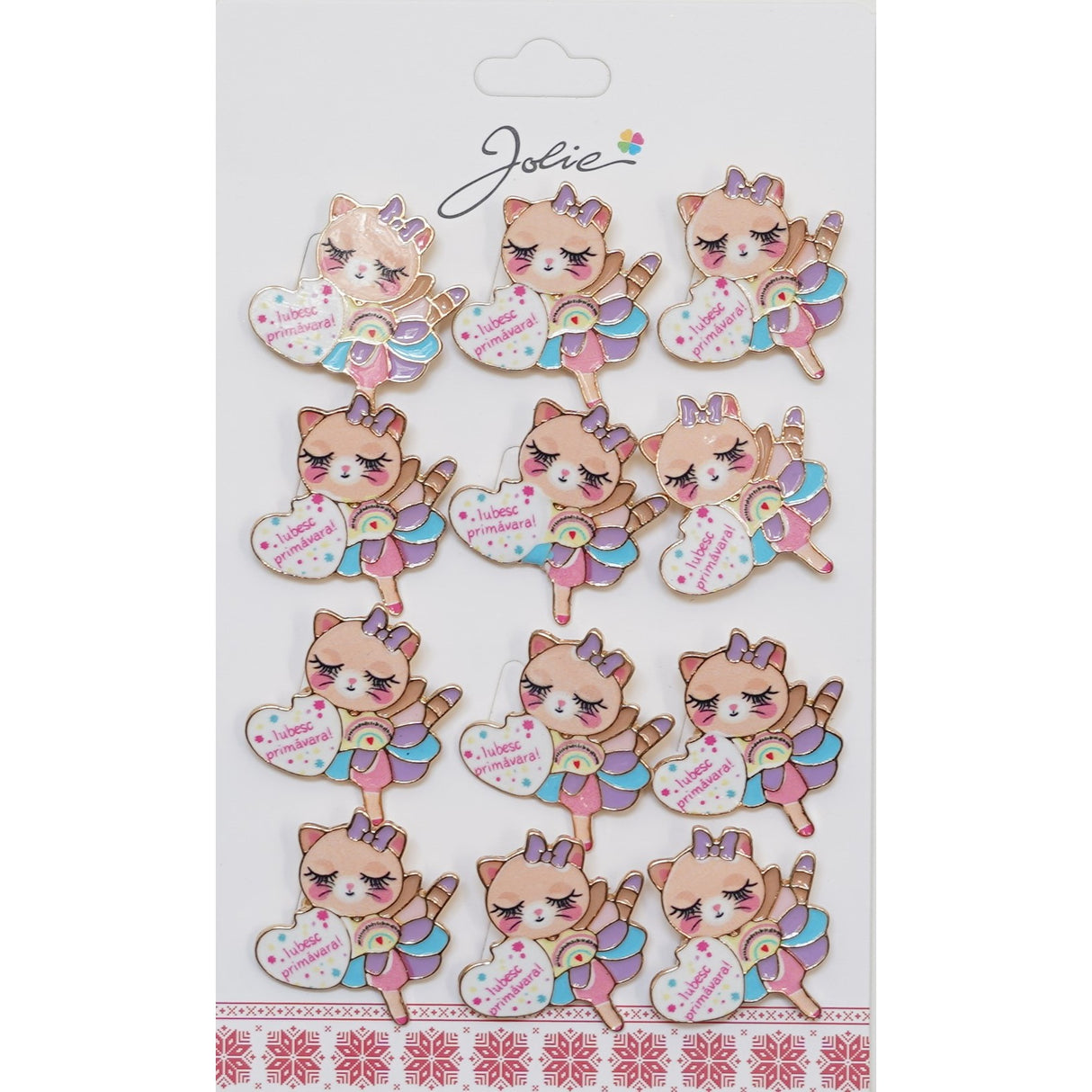 Set 12 Brose Martisor pentru Copii Pisica cu Mesaj Iubesc Primavara - vivimall.ro