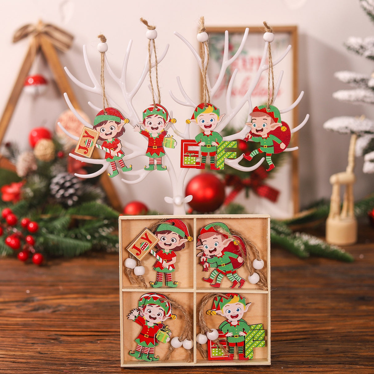 Set 12 Decoratiuni de Craciun din Lemn, Vivimall, cu Snur pentru Agatare in Brad, Model Elfi Diferite Dimensiuni, 4 Modele, Multicolor - vivimall.ro