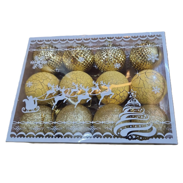 Set 12 Globuri de Craciun, Vivimall, pentru Brad, Model cu Glitter, Lucioase si Mate, Auriu - vivimall.ro