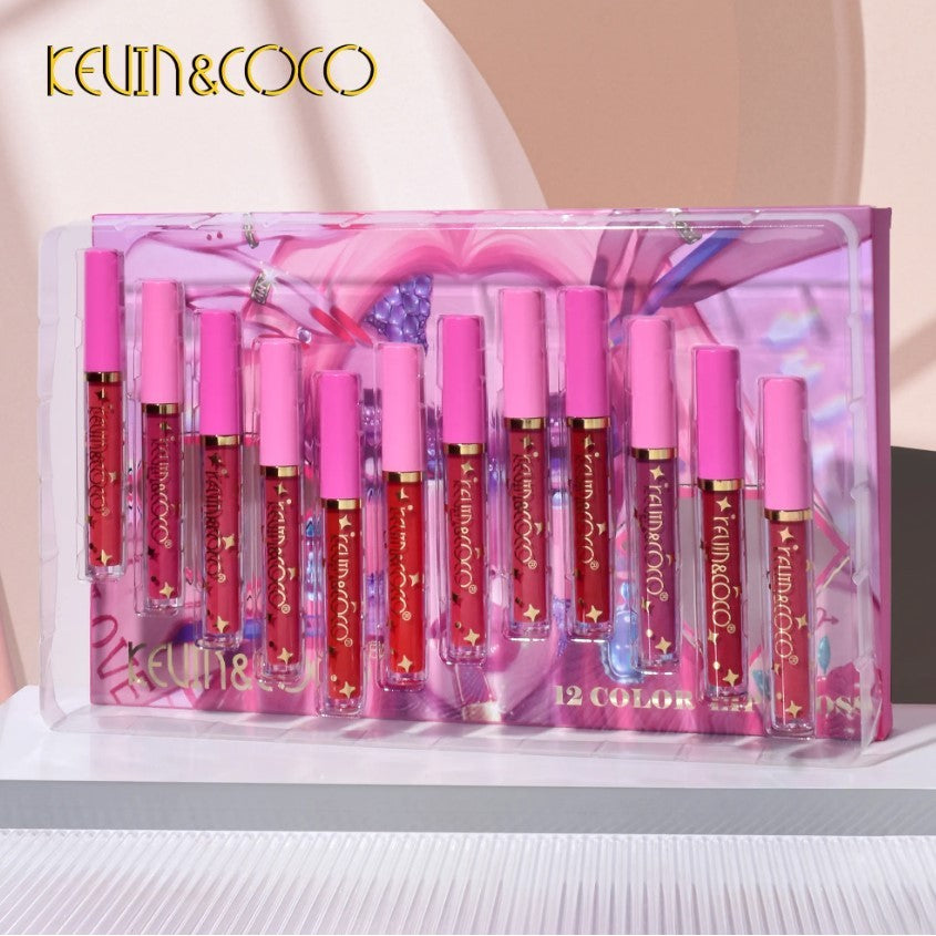 Set 12 Lip Gloss Kevin&Coco, nuante de rosu si rose, cutie dreptunghiulara, 26.5x16.5x2.2 cm, 200 g, multicolor - vivimall.ro