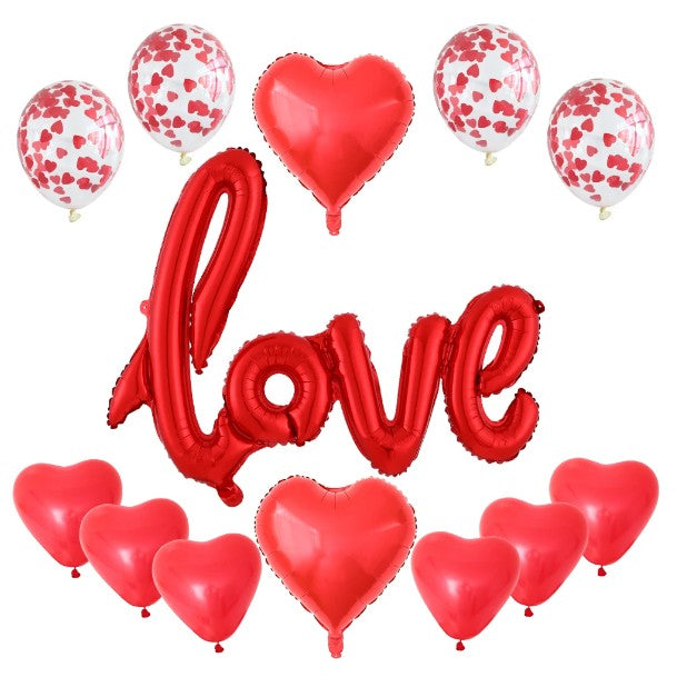 Set 13 Baloane din Folie Metalizata si din Latex, Vivimall, Figurine Litere si Inima, Model Love, Tema Ziua Indragostitilor, Baloane Party cu Confetti, 102x65cm, 45 cm, 30 cm, Pai Inclus, Umflare cu Aer sau Heliu, Rosu - vivimall.ro